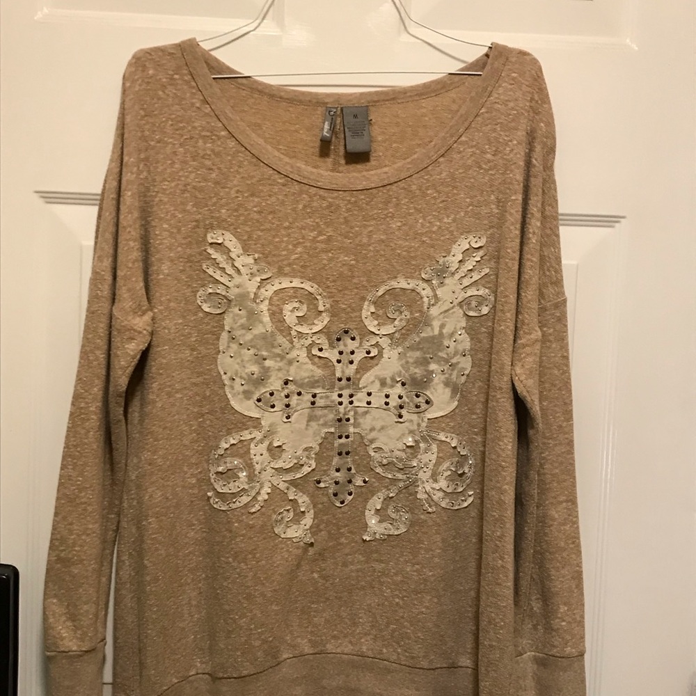 New Direction Weekend Tan  Cotten Embellished & Embroidered Large Women's Top